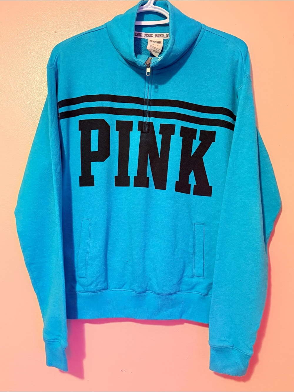 PINK Victoria's Secret Turquoise Blue Half-Zip V-Neck Sweater with Black Logo
